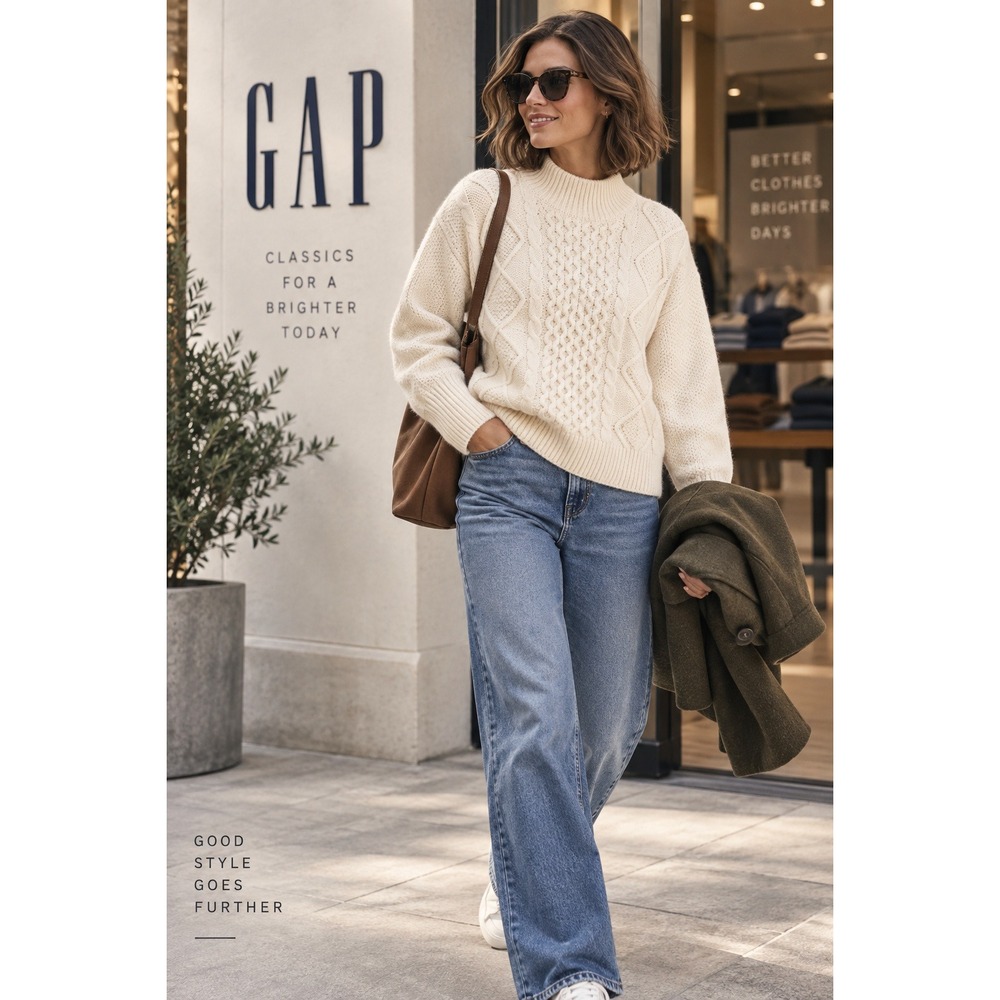 Gap Womens Cream Cable Knit Mock Neck Sweater Ivory L Large Diamond Honeycomb